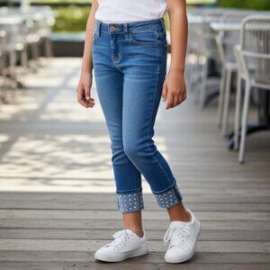 Lee Girl Jeans Skinny Shaken Blue Denim Jeans Adjustable Waist Pearl Cuffed 10Y